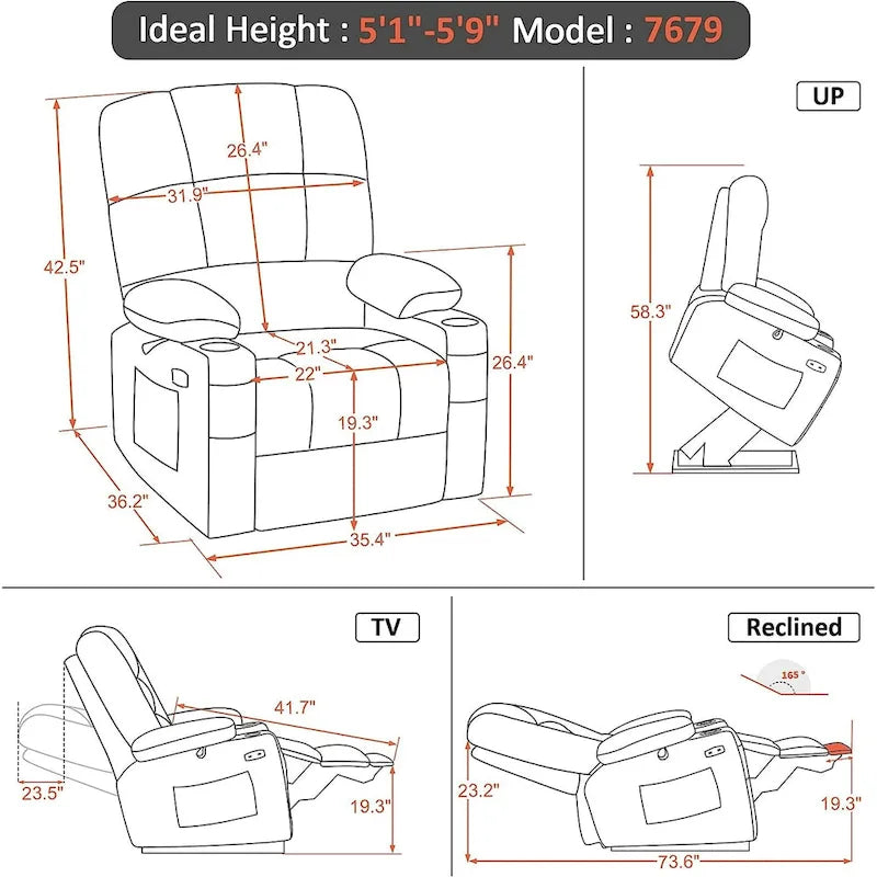 MCombo Medium Dual Motor Power Lift Recliner Chair with Massage and Heat for Elderly People, Faux Leather 7679