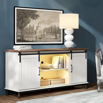 WAMPAT Farmhouse Sliding Barn Door TV Stands Storage Cabinets Entertainment Stand for TVs Up to 65