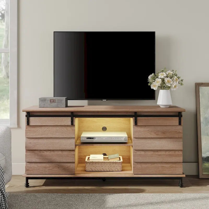 WAMPAT Farmhouse Sliding Barn Door TV Stands Storage Cabinets Entertainment Stand for TVs Up to 65