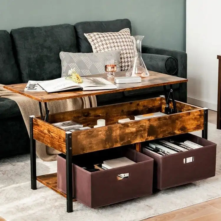 FarmHouse Lift-Top Multi Purpose Coffee Table with 2 Storage Drawers Bins