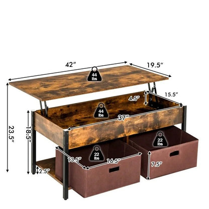 FarmHouse Lift-Top Multi Purpose Coffee Table with 2 Storage Drawers Bins
