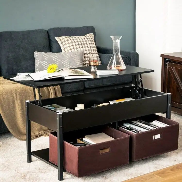 FarmHouse Lift-Top Multi Purpose Coffee Table with 2 Storage Drawers Bins