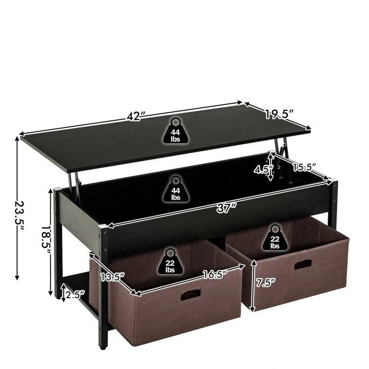 FarmHouse Lift-Top Multi Purpose Coffee Table with 2 Storage Drawers Bins