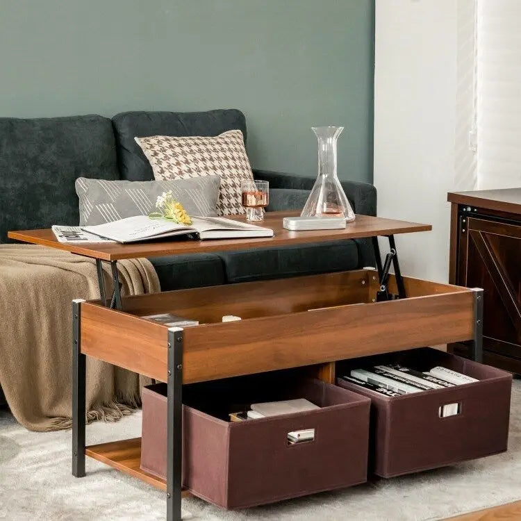 FarmHouse Lift-Top Multi Purpose Coffee Table with 2 Storage Drawers Bins