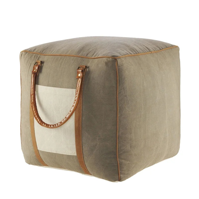 20  Gray Ivory Faux Leather Handmade Square Pouf Ottoman With Handles