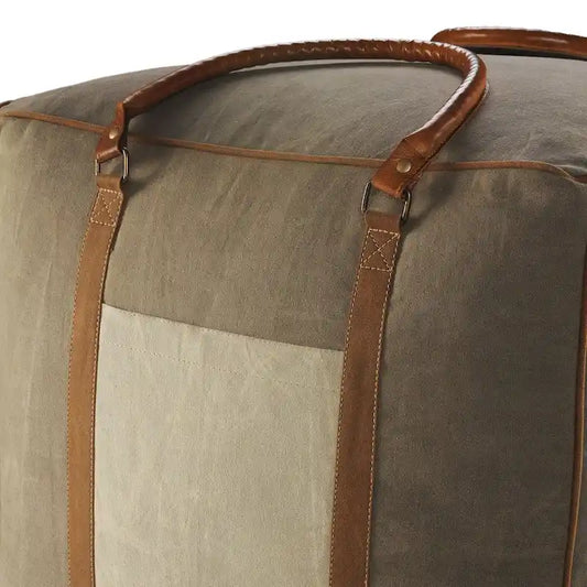 20  Gray Ivory Faux Leather Handmade Square Pouf Ottoman With Handles