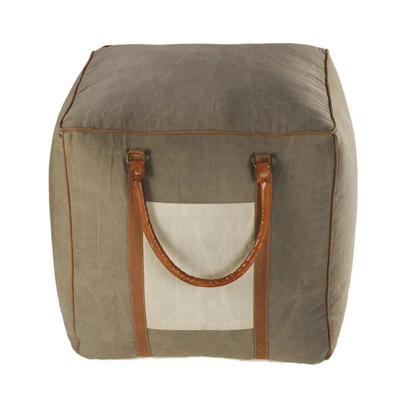 20  Gray Ivory Faux Leather Handmade Square Pouf Ottoman With Handles