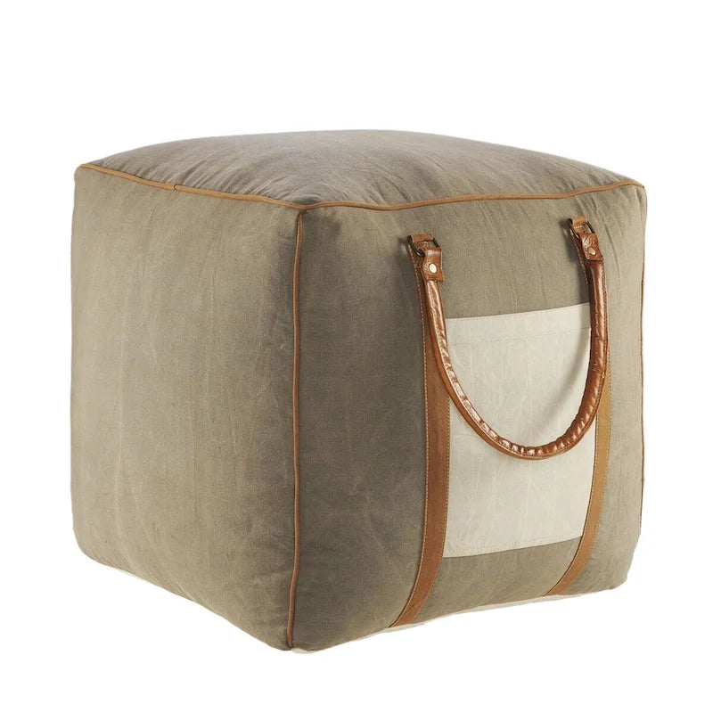 20  Gray Ivory Faux Leather Handmade Square Pouf Ottoman With Handles