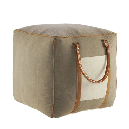 20  Gray Ivory Faux Leather Handmade Square Pouf Ottoman With Handles