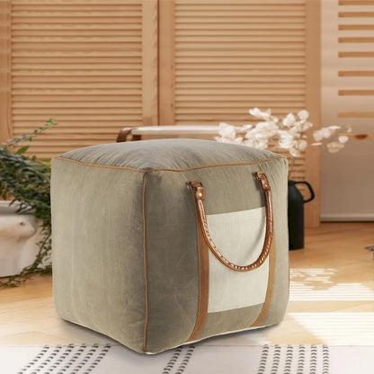 20  Gray Ivory Faux Leather Handmade Square Pouf Ottoman With Handles