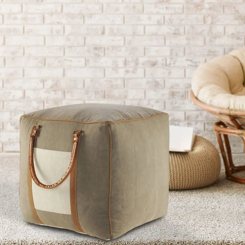 20  Gray Ivory Faux Leather Handmade Square Pouf Ottoman With Handles
