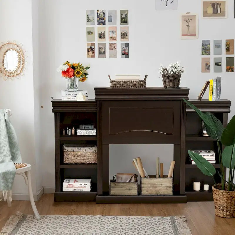 70-Inch Brown Media Entertainment Center with Bookcase and Fireplace Cabinet - 70  x 11 x 45 (L x W x H)