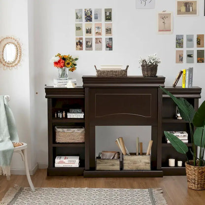 70-Inch Brown Media Entertainment Center with Bookcase and Fireplace Cabinet - 70  x 11 x 45 (L x W x H)