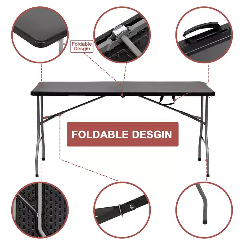 Tavolo Pieghevole 5 Piedi Portatile in Plastica HDPE Rettangolare per Interni ed Esterni con Gambe in Acciaio Nero