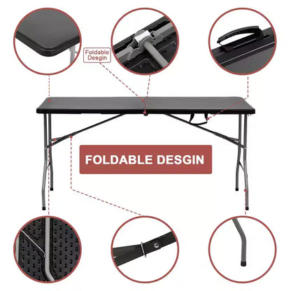 Tavolo Pieghevole 5 Piedi Portatile in Plastica HDPE Rettangolare per Interni ed Esterni con Gambe in Acciaio Nero