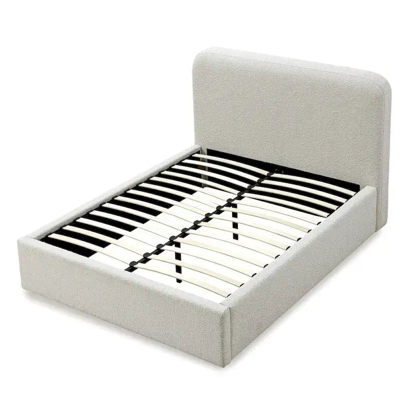Off-White Upholstered Platform Bed in Ricotta Boucle