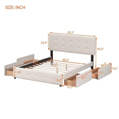 Merax Queen Upholstered Platform Bed with 4 Drawers