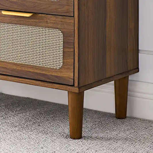 Cassettone in legno rustico, cassettiera moderna in rattan con 3 ampi cassetti e maniglie in metallo