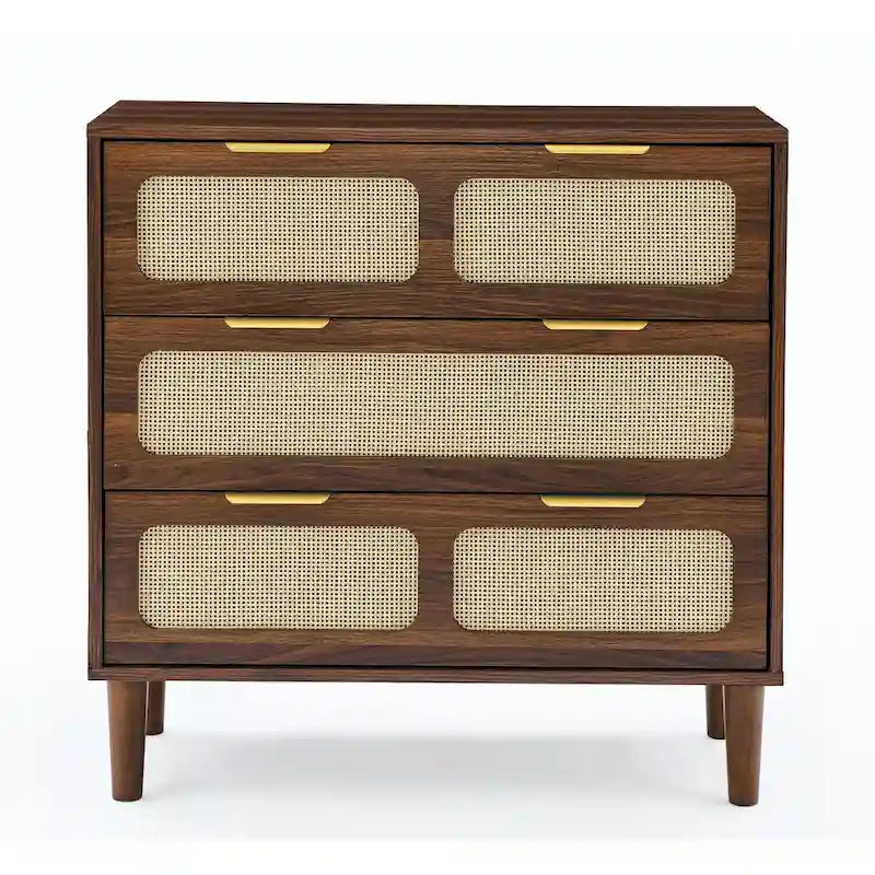 Cassettone in legno rustico, cassettiera moderna in rattan con 3 ampi cassetti e maniglie in metallo