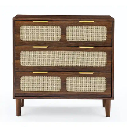 Cassettone in legno rustico, cassettiera moderna in rattan con 3 ampi cassetti e maniglie in metallo