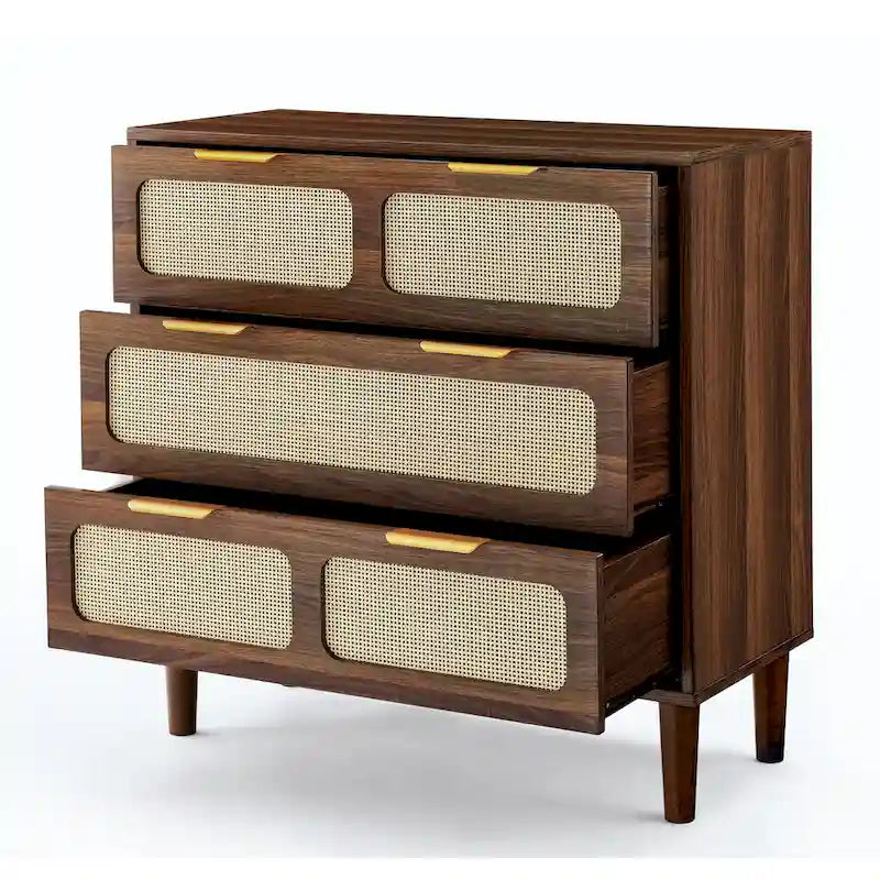 Cassettone in legno rustico, cassettiera moderna in rattan con 3 ampi cassetti e maniglie in metallo