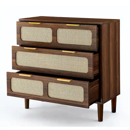 Cassettone in legno rustico, cassettiera moderna in rattan con 3 ampi cassetti e maniglie in metallo