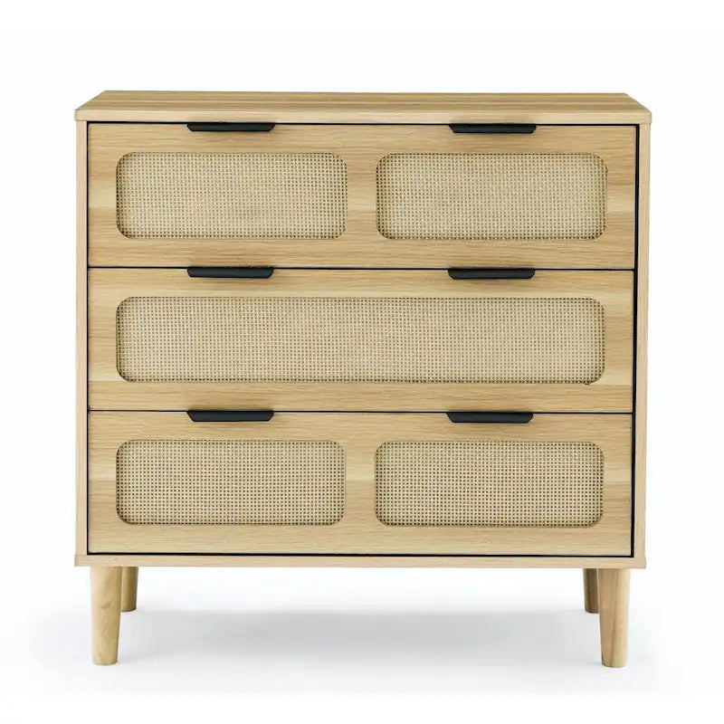 Cassettone in legno rustico, cassettiera moderna in rattan con 3 ampi cassetti e maniglie in metallo