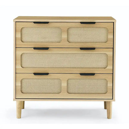 Cassettone in legno rustico, cassettiera moderna in rattan con 3 ampi cassetti e maniglie in metallo