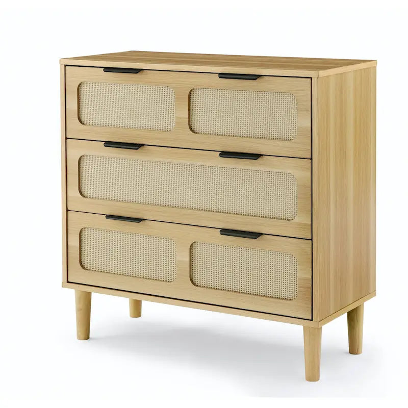 Cassettone in legno rustico, cassettiera moderna in rattan con 3 ampi cassetti e maniglie in metallo
