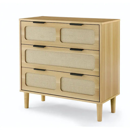 Cassettone in legno rustico, cassettiera moderna in rattan con 3 ampi cassetti e maniglie in metallo