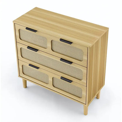 Cassettone in legno rustico, cassettiera moderna in rattan con 3 ampi cassetti e maniglie in metallo