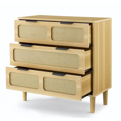 Cassettone in legno rustico, cassettiera moderna in rattan con 3 ampi cassetti e maniglie in metallo