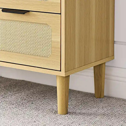 Cassettone in legno rustico, cassettiera moderna in rattan con 3 ampi cassetti e maniglie in metallo