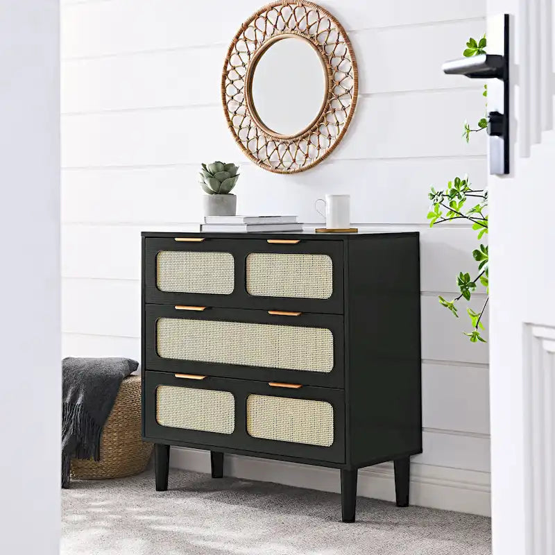 Cassettone in legno rustico, cassettiera moderna in rattan con 3 ampi cassetti e maniglie in metallo