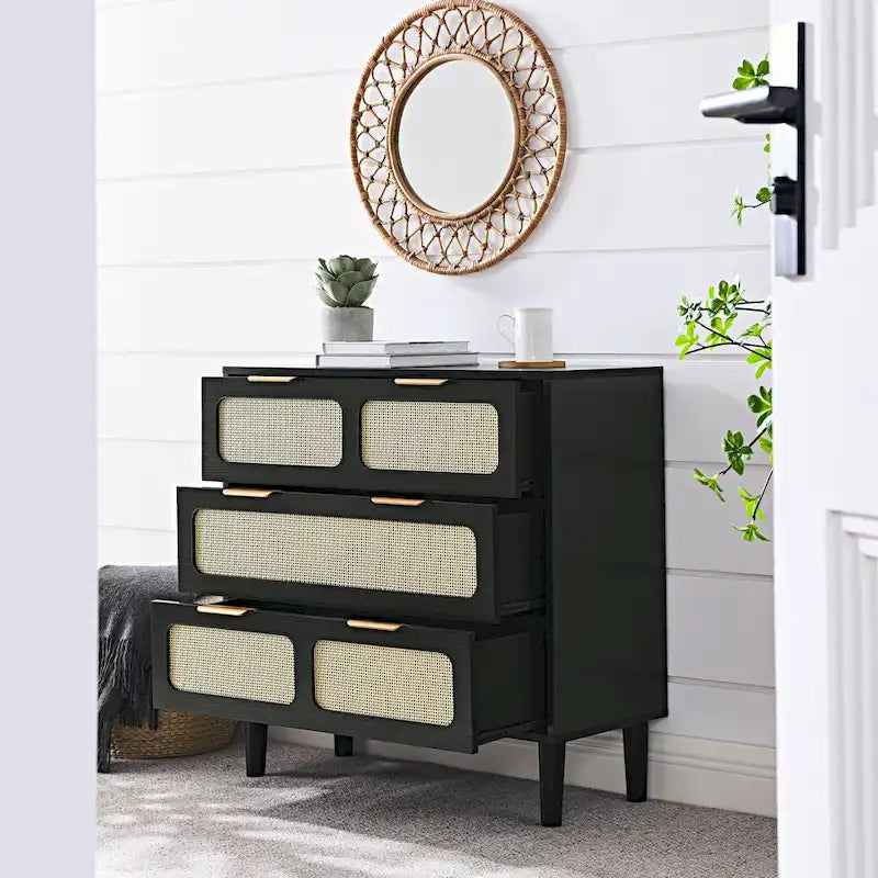 Cassettone in legno rustico, cassettiera moderna in rattan con 3 ampi cassetti e maniglie in metallo