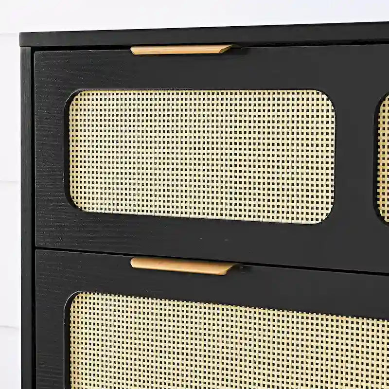 Cassettone in legno rustico, cassettiera moderna in rattan con 3 ampi cassetti e maniglie in metallo