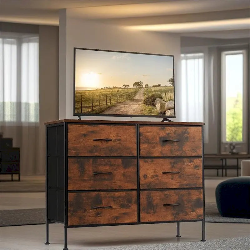 6 Drawers Dresser Chest with Metal Frame and Wooden Top