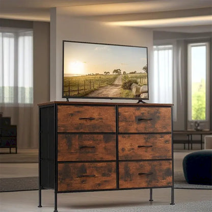 6 Drawers Dresser Chest with Metal Frame and Wooden Top