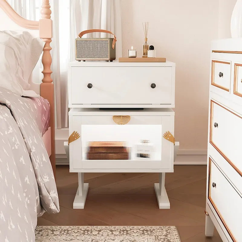 Nightstand with Rotating Drawer and LED Light Strip