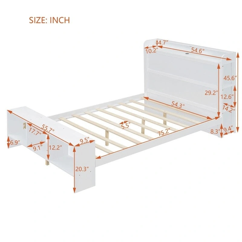 Letto a piattaforma con mensole integrate, luce LED e porte USB, full/twin size