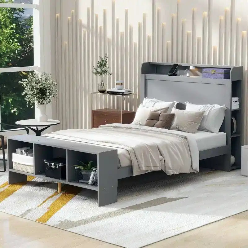 Letto a piattaforma con mensole integrate, luce LED e porte USB, full/twin size