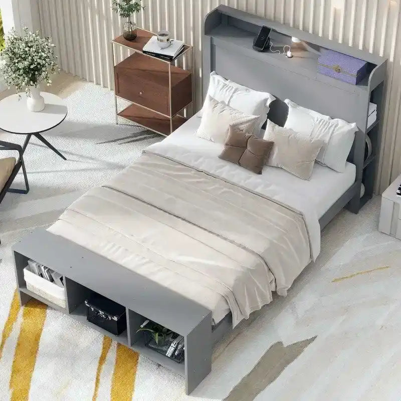 Letto a piattaforma con mensole integrate, luce LED e porte USB, full/twin size