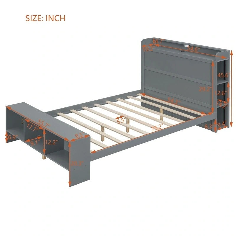 Letto a piattaforma con mensole integrate, luce LED e porte USB, full/twin size