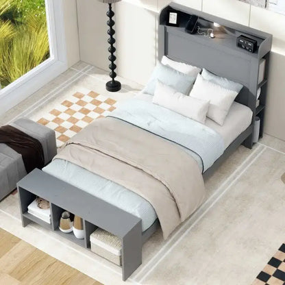 Letto a piattaforma con mensole integrate, luce LED e porte USB, full/twin size
