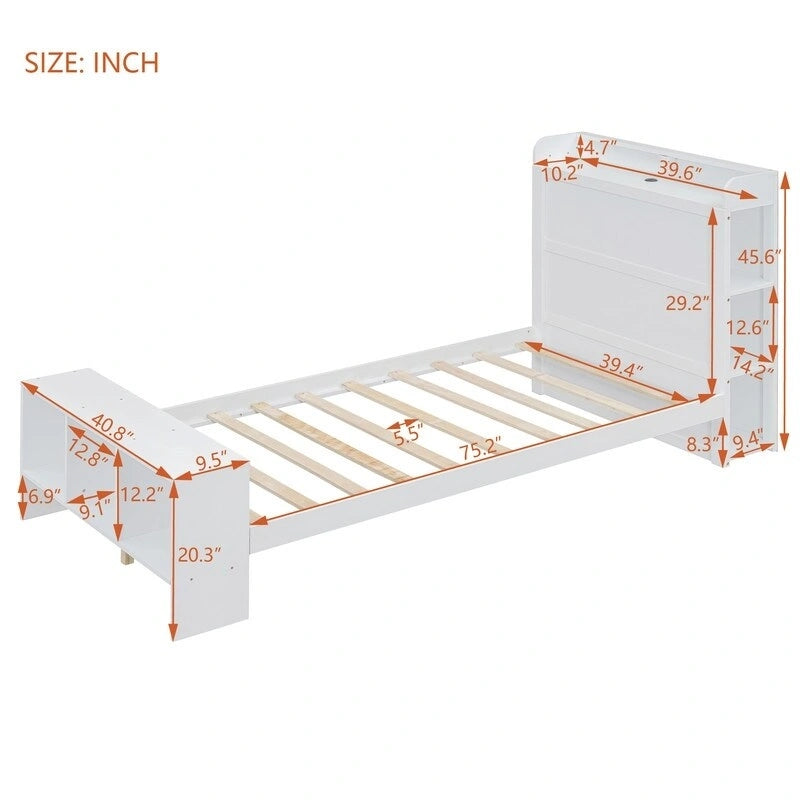 Letto a piattaforma con mensole integrate, luce LED e porte USB, full/twin size