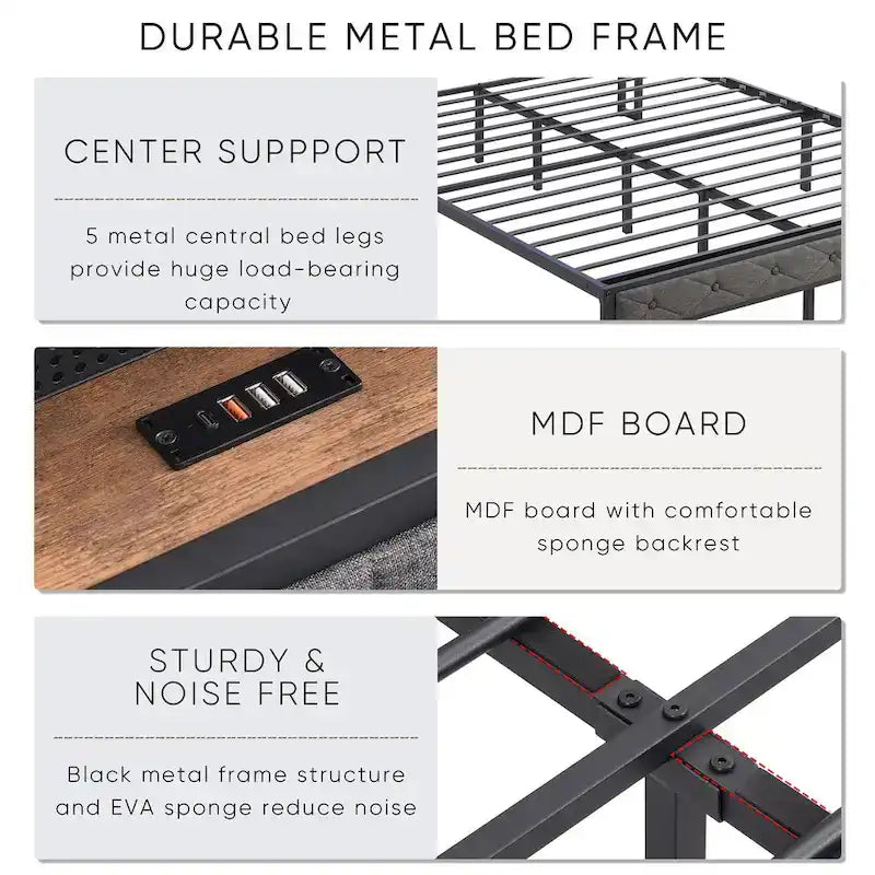 Platform Bed Frame with Storage Headboard, Charging Station and LED Lights