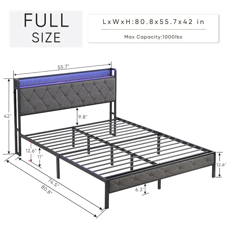 Platform Bed Frame with Storage Headboard, Charging Station and LED Lights