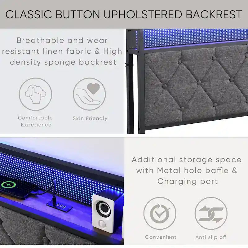 Platform Bed Frame with Storage Headboard, Charging Station and LED Lights