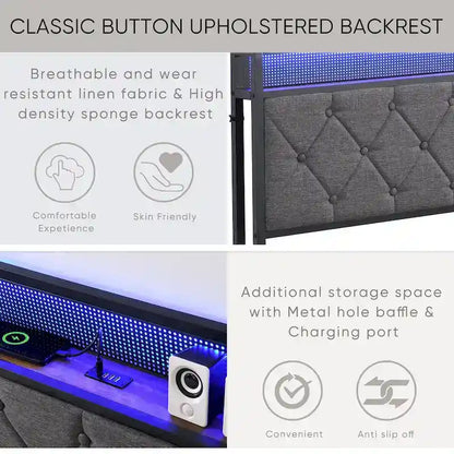Platform Bed Frame with Storage Headboard, Charging Station and LED Lights