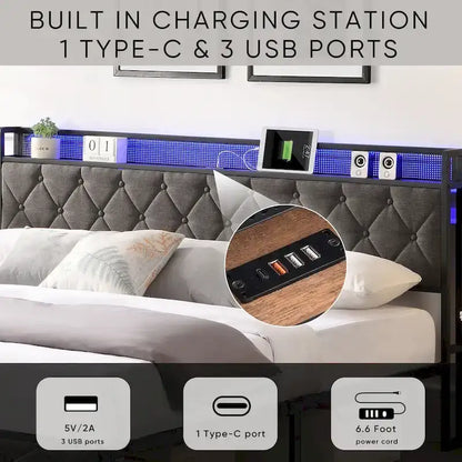 Platform Bed Frame with Storage Headboard, Charging Station and LED Lights